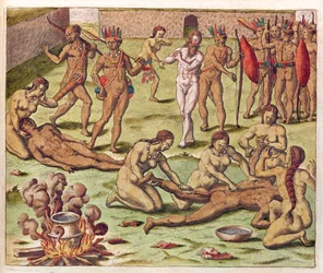 Navigatio in Brasiliam Americae, Inmolación de un bárbaro (página 525), 1563